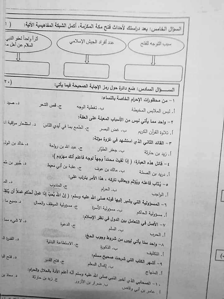 MjYzMzk4MQ89893 نموذج B وكالة اختبار التربية الاسلامية النهائي للصف العاشر الفصل الاول 2018